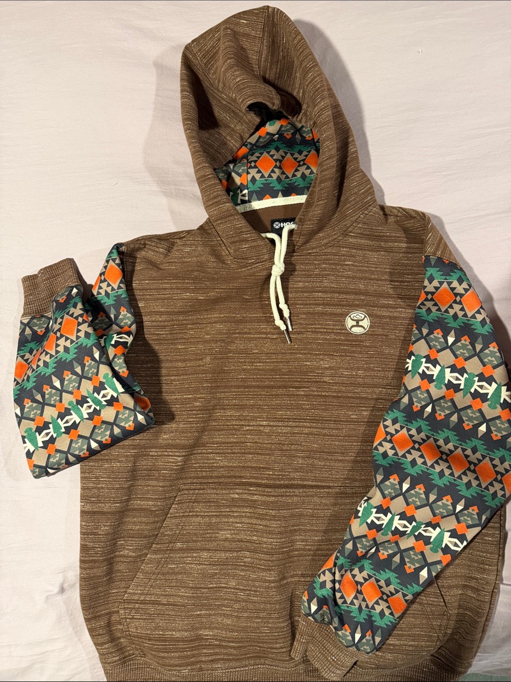 Hooey Brown Hooded Sweatshirt with Geometric Accent Sleeves